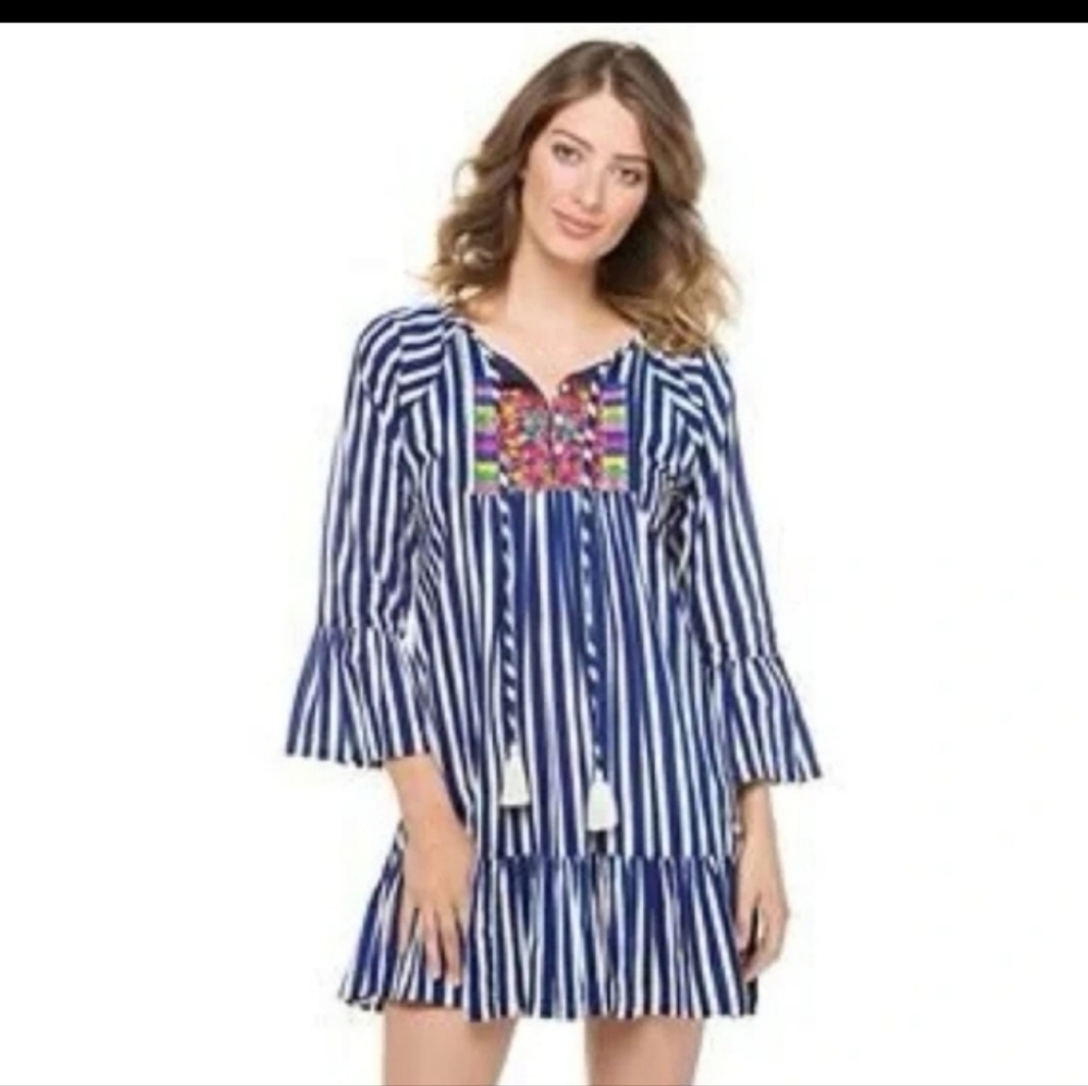 Roller Rabbit Blue White Striped Cover Up [Medium] 100% Cotton Boho Embroidery - Picture 9 of 9